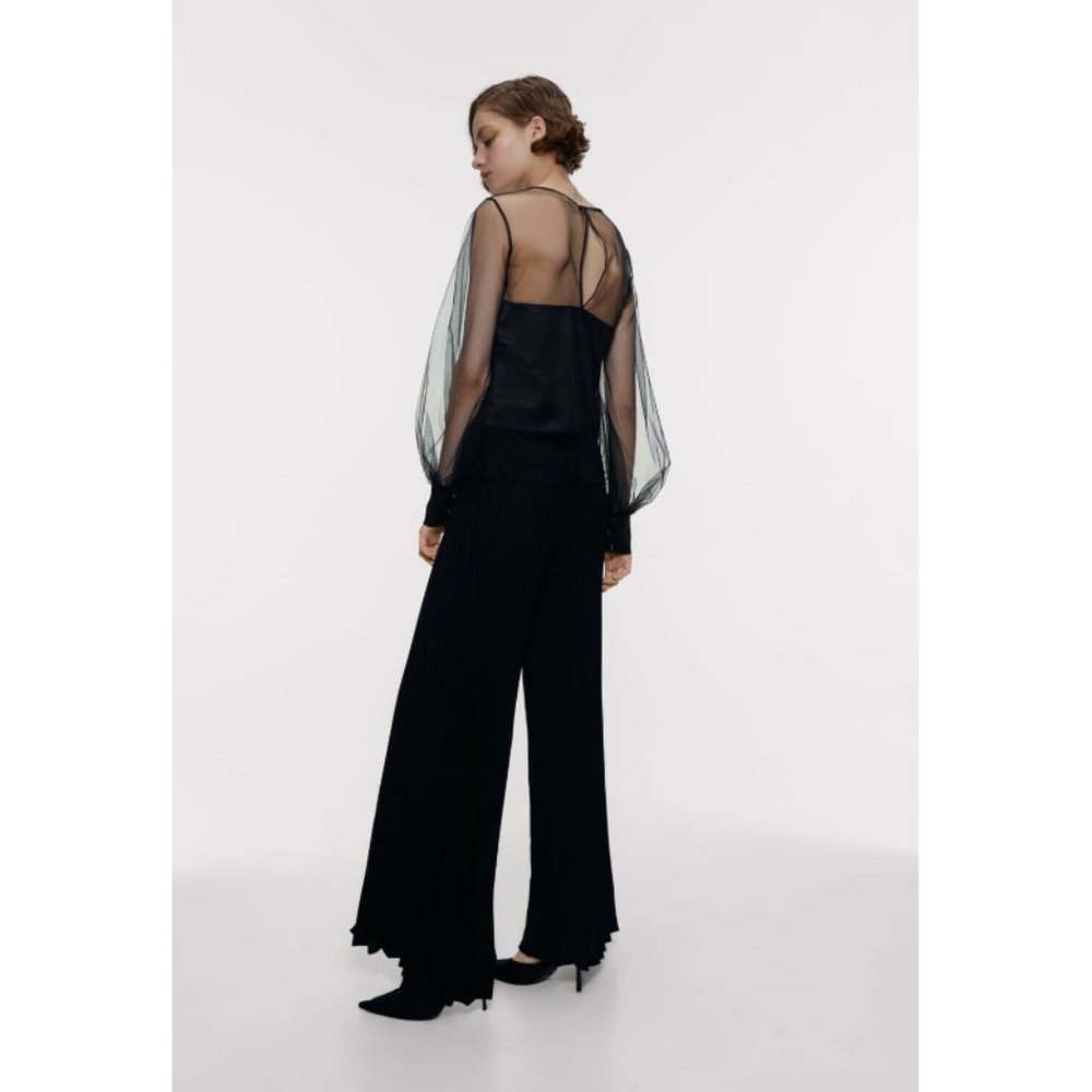 Zara Combined Tulle Blouse Semi-Sheer Long Sleeve - Picture 7 of 8